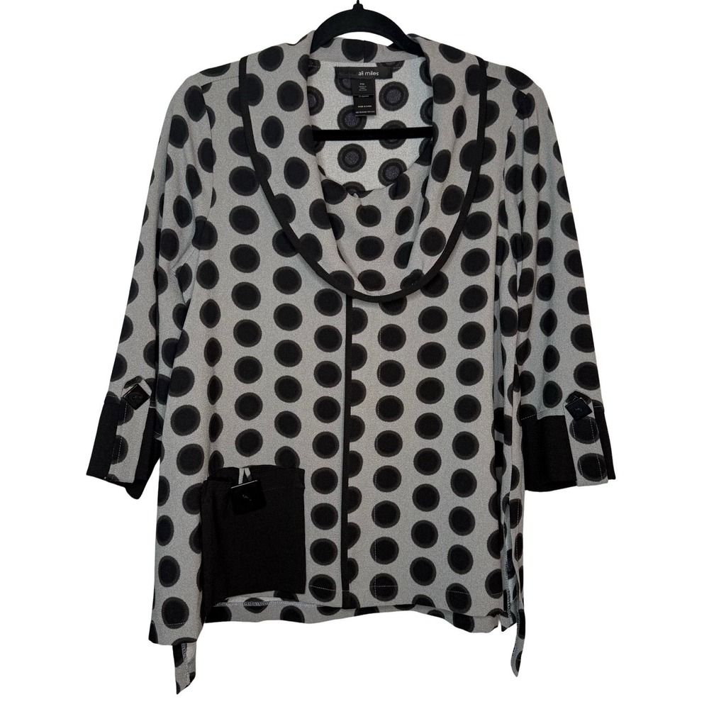 Ali Miles Top Womens PM Gray Black Polka Dot Cowl Neck Tunic 3/4 Sleeve Swing